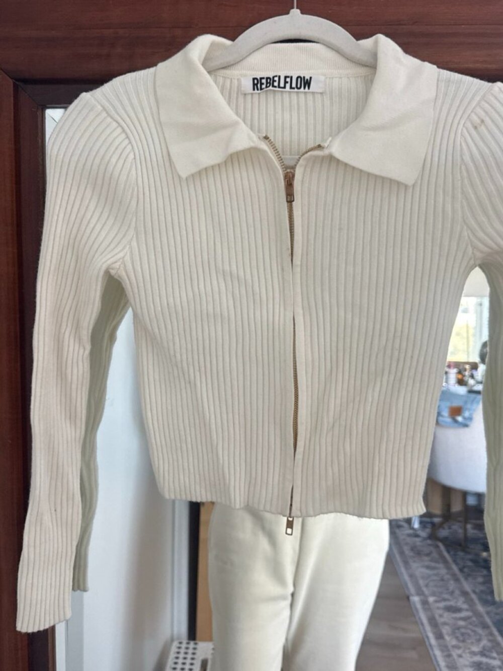 Rebel Flow White Ribbed Zip-Up Crop Top - Size S